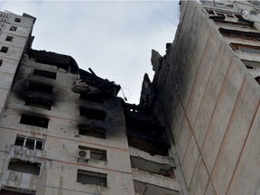 The burnt out remains of a building destroyed by Russian army shelling in the second largest Ukrainian city of Kharkiv, in the east of the country on March 6, 2022.