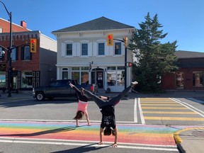 NORTH GRENVILLE- Mayor Nancy Peckford and Vice-Chair of the Health, Wellness and Fitness Advisory Committee Tanya Deans take part in the cartwheel challenge in North Grenville, which was named Canada’s Most Active Community. Jill Sturdy/North Grenville