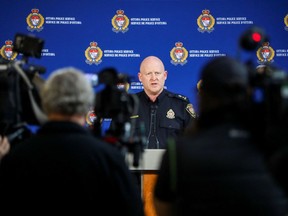Ottawa interim police chief Steve Bell holds a news conference during the trucker protest in February.