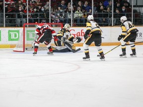 Ottawa 67's forward Vinzenz Rohrer scores a short-handed goal to open up the scoring in an Ontario Hockey League game against the Hamilton Bulldogs. Hamilton won the game 3-2 in a shootout.