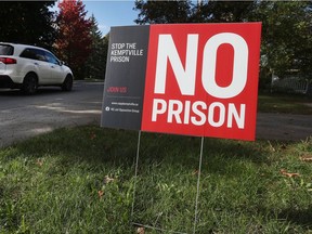 A no prison road sign in Kemptville in October 2021.