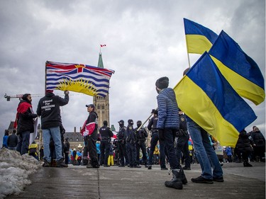 A small group of Freedom Convoy protesters were on Wellington Street, while the Ukrainian gathering took place on Parliament Hill, Sunday, March 6, 2022. A few of the "Freedom Convoy" protesters joined with the Ukrainian group, expressing that they are fighting for the same thing. "Everyone wants freedom," one protester said.