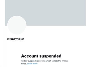 Die Twitter-Kontoseite von MPP Randy Hillier, wie sie am Dienstag erschien.