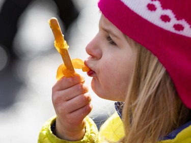 OTTAWA -- Since 1920 the Proulx family have operated their sugar bush in Cumberland. Four year old Katy enjoys her taffy on Wednesday, Mar. 16, 2022