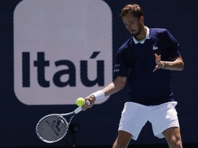 Daniil Medvedev hits a forehand against Andy Murray (not pictured) in a second round men's singles match in the Miami Open at Hard Rock Stadium.