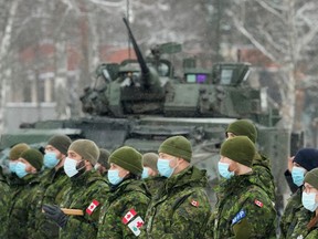 Canadian troops of NATO enhanced Forward Presence battle group attend meeting with Canadian Defence Minister Anita Anand in Adazi, Latvia February 3, 2022.