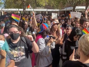 Students gather to protest after Florida's House of Representatives approved a Republican-backed bill that would prohibit classroom discussion of sexual orientation and gender identity, in Winter Park, Florida, U.S., March 7, 2022 in this still image obtained from a video posted on social media.