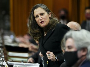 Minister of Finance Chrystia Freeland stands during question period in the House of Commons on Parliament Hill in Ottawa on Tuesday, March 29, 2022.