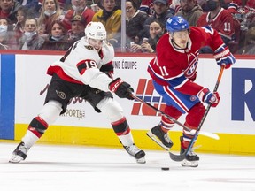 Ottawa Senators Drake Batherson lifts Montreal Canadiens Brendan Gallagher's stick during third period April 5, 2022. Gallagher has some choice words for the Senators the last time they played.
