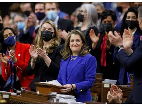 Finance Minister Chrystia Freeland delivers the 2022/23 federal budget in the House of Commons April 7, 2022.