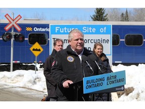Premier Doug Ford discusses the province's investment of $75 million to bring passenger rail service back to Northeastern Ontario, at the site of the future Timmins-Porcupine passenger train station in Timmins, Ont. The budget is heavy on infrastructure pledges.