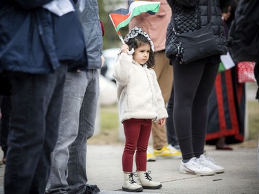 Four-year-old Yafa Shaheen was with her parents at a ‘Justice for Palestine’ demonstration held Saturday at the Human Rights Monument.