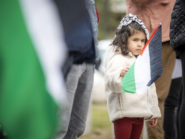 Four-year-old Yafa Shaheen was with her parents at a ‘Justice for Palestine’ demonstration held Saturday at the Human Rights Monument.