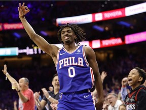 Tyrese Maxey #0 of the Philadelphia 76ers celebrates after scoring in the first quarter against the Toronto Raptors during Game One of the Eastern Conference First Round at Wells Fargo Center on April 16, 2022 in Philadelphia