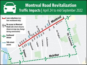 Beginning on Sunday, April 24, Montreal Road will be reduced to a single westbound lane from St. Laurent Boulevard to Vanier Parkway until approximately mid-September 2022.