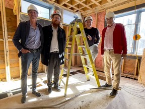 OTTAWA — Glenview executive Ian Shabinsky, Rabbi Chaim Boyarsky, Shopify president Harley Finkelstein, and real estate investor Jules Sigler in the under construction Jewish community centre in Sandy Hill. Wednesday, Apr. 20, 2022 — ERROL MCGIHON/Postmedia