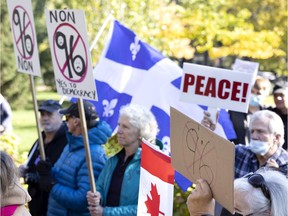 Protesters gather in N.D.G. in October for a rally against Bill 96.