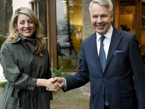 Canada's Foreign Minister Melanie Joly and Finland's Foreign Minister Pekka Haavisto at the Finnish Government Guest House in Helsinki on Monday.