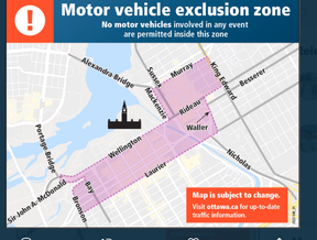 Eine Grafik des Ottawa Police Service der „Motor Vehicle Exclusion Zone“, die für dieses Wochenende eingerichtet wurde.