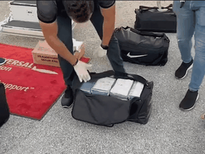 Eight black gym bags, each containing 25 smaller packages of cocaine, totalling 200 packages, were located in the aircraft’s control compartments.
