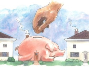 illustration by Paul Gilligan shows two houses with a piggy bank between them