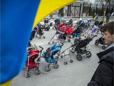 A Mother's Rally for Ukraine took place in front of the Russian Embassy on Sunday, April 3, 2022, drawing attention to the mothers, children and innocent civilians who have been killed by the Russian military in Ukraine. More than three dozen empty strollers were placed in front of the embassy to symbolize those who have died.