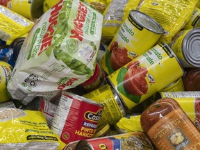 File: A pile of donated non-perishables in a crate at the Ottawa Food Bank's warehouse.