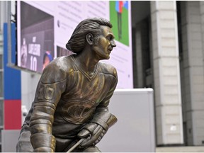 A detail of the bronze statue of Guy Lafleur at the Bell Centre.