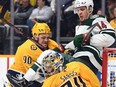 The Nashville Predators' Mark Borowiecki, seen defending against Minnesota Wild centre Joel Eriksson Ek, has fond memories of Ottawa.