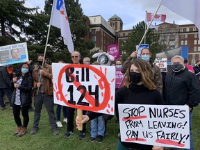 File: A rally against Ontario's wage restraint law brought out hundreds of nurses and other frontline health-care workers in April 2022.