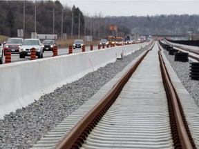 Construction of the Stage 2 O-Train East Extension west of Jeanne d'Arc in Ottawa Tuesday.