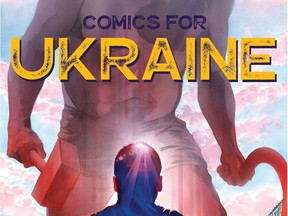 The cover of the Comics for Ukraine book by the artist Alex Ross, one of the comic book artists who have come together to help raise funds for Ukrainian refugees, is seen in this handout image obtained by Reuters on April 10, 2022.
