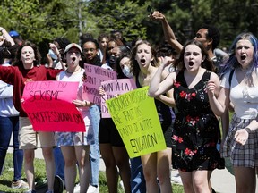 Students from Béatrice-Desloges Catholic High School protest the school's dress code on Friday, May. 13.