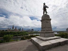 Statue of French explorer Samuel de Champlain atop the peak of Nepean Point in Ottawa in July, 2016.