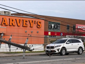 Merivale Road near Viewmount 
Drive was closed with lines down on cars Sunday following Saturday's destructive storm.