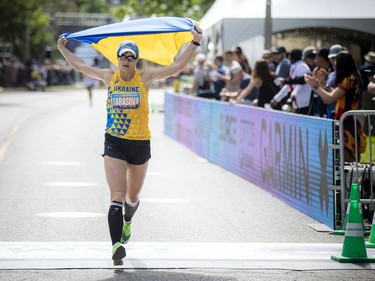 OTTAWA --  Yuliya Tarasova finished the marathon with a Ukrainian flag at Tamarack Ottawa Race Weekend, Sunday, May 29, 2022.
