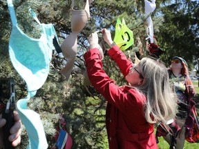 Stephanie Dobbs and others hung bras on a tree outside Ben Franklin Place, where Coun. Rick Chiarelli has an office, on Thursday. The bras were a reference to allegations that Chiarelli had sexually harassed staff.