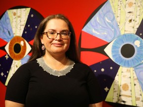 Algonquin artist Emily Brascoupé-Hoefler at the ceremony to unveil Heartbeat of Mother Earth, a permanent visual land acknowledgement and welcome from the Algonquin People to visitors of the National Arts Centre.