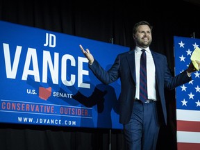 J.D. Vance onstage after winning the primary, at an election night event at Duke Energy Convention Center on May 3, 2022 in Cincinnati.