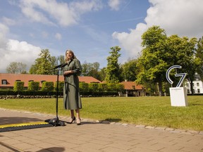 Canadian Foreign Minister Melanie Joly gives a press statement after bilateral talks with the EU during the meeting of foreign ministers of the G7 member states at the Schlossgut Weissenhaus venue on May 14, 2022 near Oldenburg in Holstein, Germany.