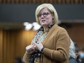 Employment Minister Carla Qualtrough rises during question period, Monday, April 4, 2022, in Ottawa. The federal government has announced nearly $247 million to help create more than 25,000 new apprenticeship positions across Canada.