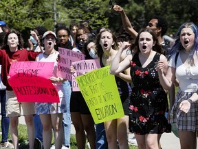 Students from Béatrice-Desloges Catholic High School protest the school's enforcement of its dress code on May 13.