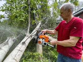 OTTAWA -- 80 year old John Landry operates a chainsaw to clean up his daughters property in the Pine Glen neighbourhood on Tuesday, May. 24, 2022 -- . ERROL MCGIHON, Postmedia