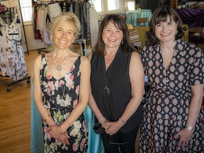 Thyme and Again’s upstairs space was transformed into a beautiful gently-used fashion boutique this past weekend while raising funds for Cornerstone’s emergency women’s shelter. Boutique Cornerstone committee members, from left: Anna Rumin, Katie Faught and Andrea Laurin.
