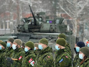 Canadian troops of NATO enhanced Forward Presence battle group in Adazi, Latvia, February 3, 2022.