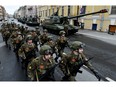 Russian military cadets take part in a rehearsal for the Victory Day military parade on Dvortsovaya Square in Saint Petersburg on May, 5, 2022.