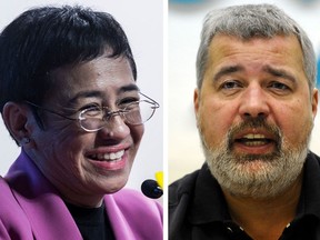 Maria Ressa (L), co-founder and CEO of the Philippines-based news website Rappler, and Dmitry Muratov, editor-in-chief of Russia's main opposition newspaper Novaya Gazeta, were co-winners of the 2021 Nobel Peace Prize.