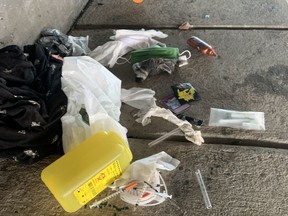 Residents around Tom Brown Arena say the onset of spring has seen an increase in debris and needles near the temporary homeless shelter.  This submitted photo shows the scene near the Bayview LRT station.