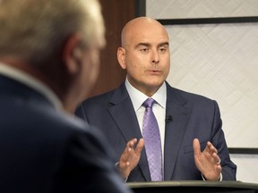 Ontario Liberal Party Leader Steven Del Duca speaks during the Ontario party leaders’ debate, in Toronto, Monday, May 16, 2022.