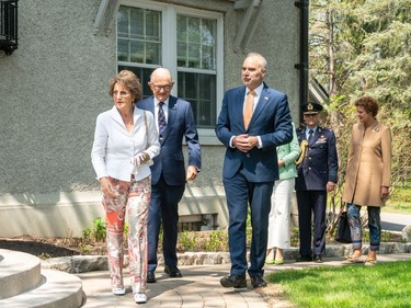 Her Royal Highness Princess Margriet of the Netherlands, alongside her husband, Professor Pieter van Vollenhoven are greeted by the CEO of the NCC Tobi Nussbaum at Stornoway for a ceremonial planting of tulips.